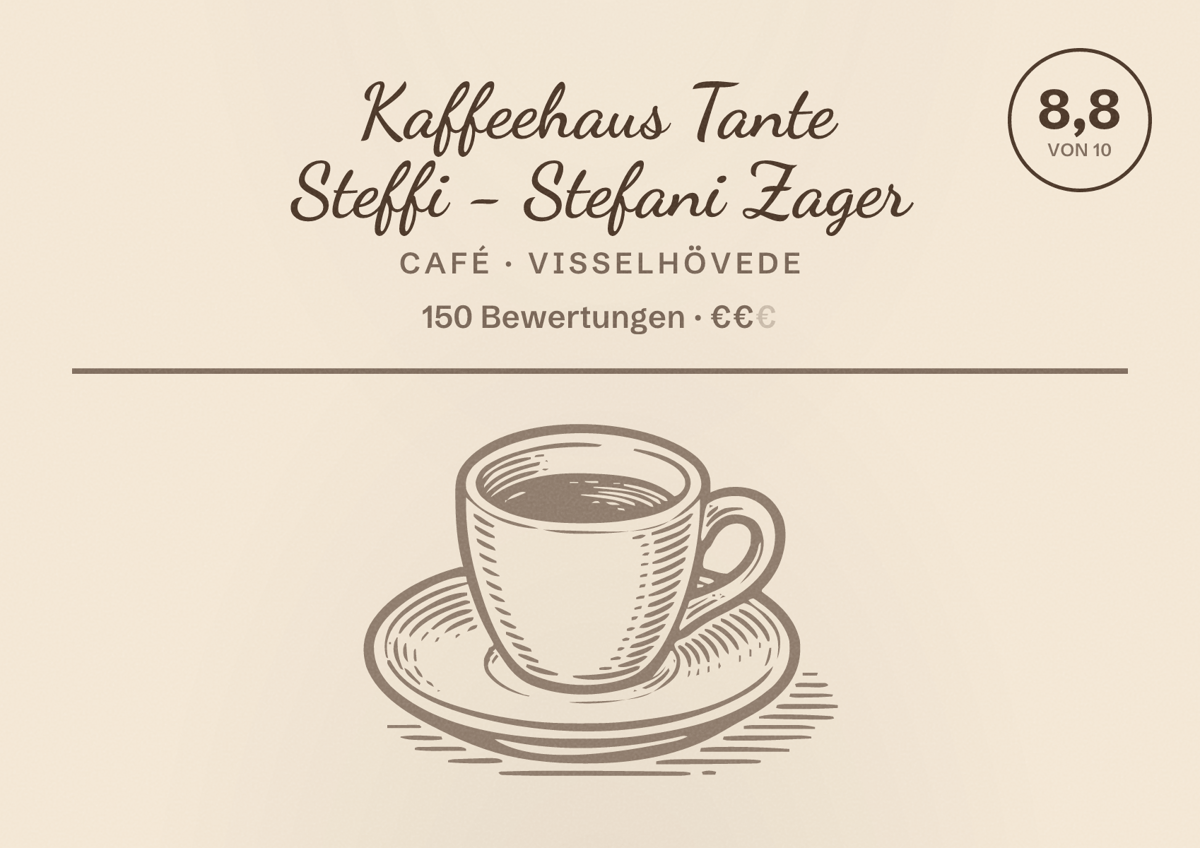 Illustriertes Poster von Kaffeehaus Tante Steffi - Stefani Zager, Café in Visselhövede: Bewertung 8,8 von 10 aus 150 Bewertungen, Preisniveau €€