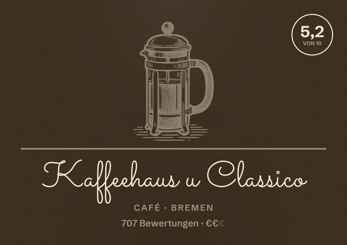Illustriertes Poster von Kaffeehaus u Classico, Café in Bremen: Bewertung 5,2 von 10 aus 707 Bewertungen, Preisniveau €€