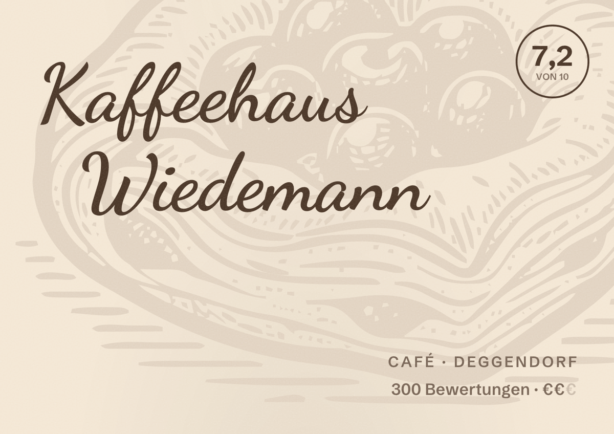 Illustriertes Poster von Kaffeehaus Wiedemann, Café in Deggendorf: Bewertung 7,2 von 10 aus 300 Bewertungen, Preisniveau €€