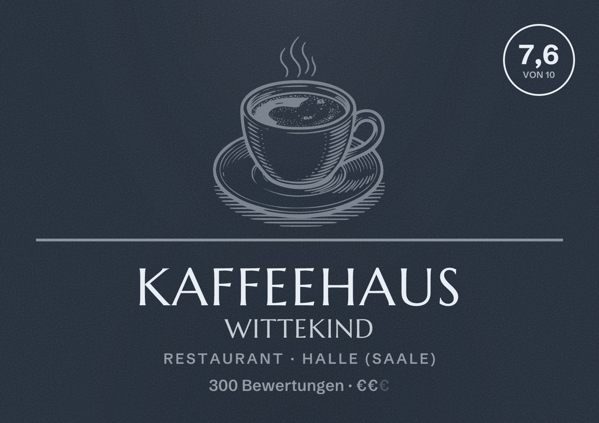 Illustriertes Poster von Kaffeehaus Wittekind, Restaurant in Halle (Saale): Bewertung 7,6 von 10 aus 300 Bewertungen, Preisniveau €€