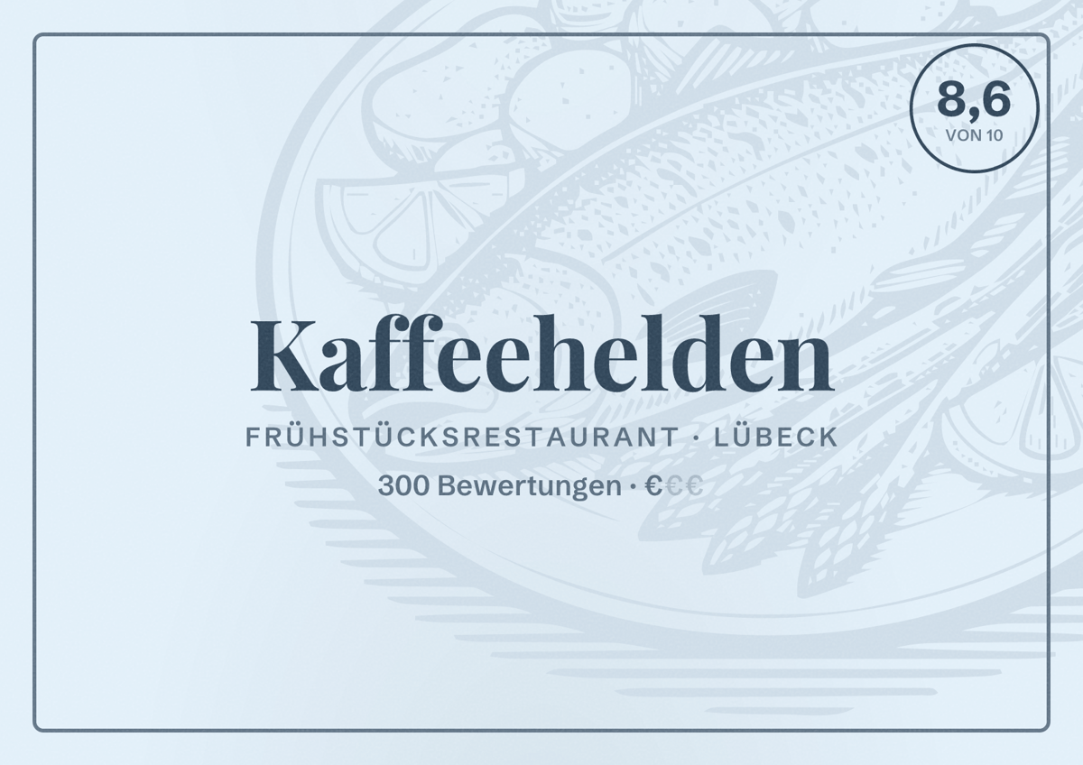 Illustriertes Poster von Kaffeehelden, Frühstücksrestaurant in Lübeck: Bewertung 8,6 von 10 aus 300 Bewertungen, Preisniveau €