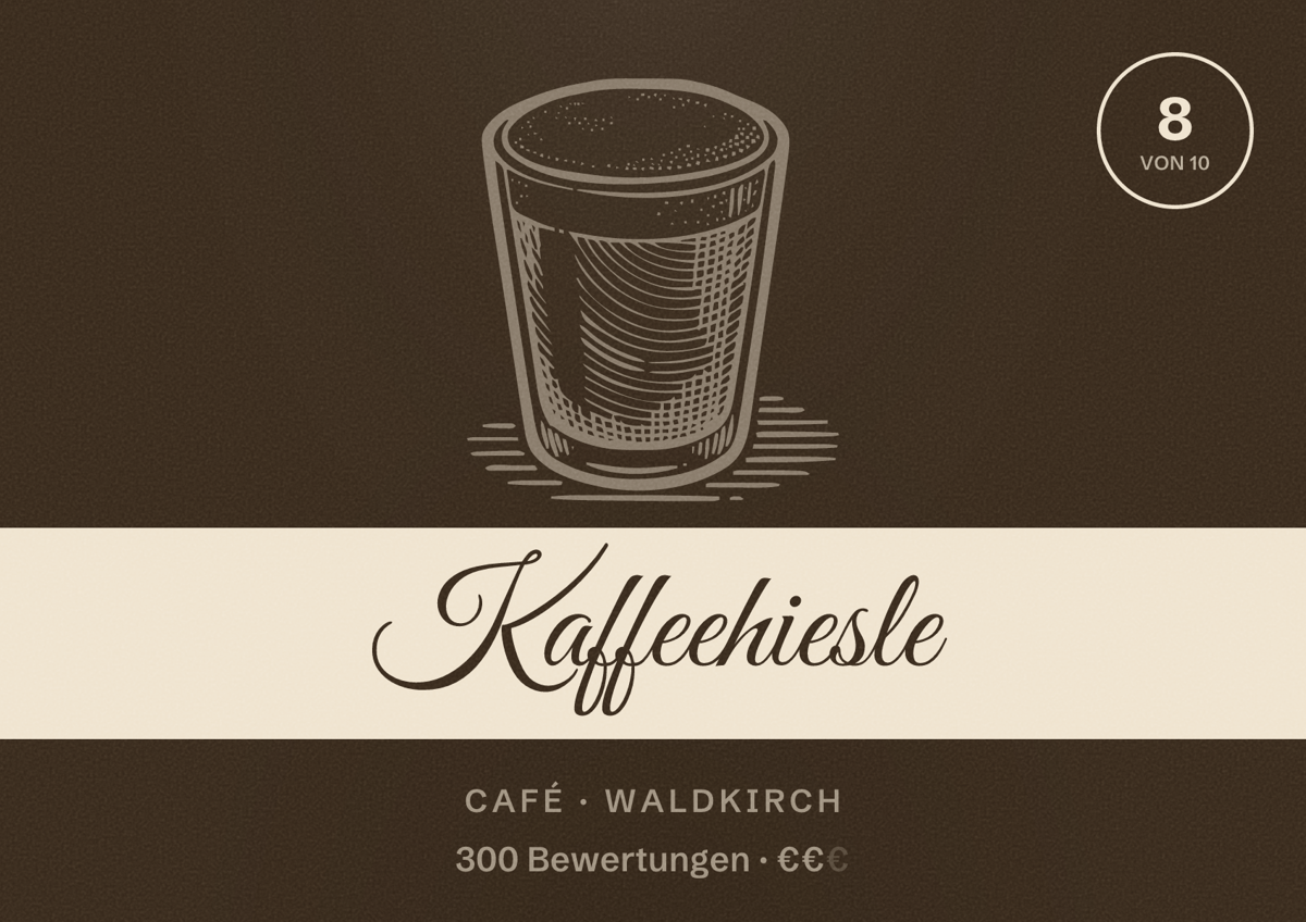 Illustriertes Poster von Kaffeehiesle, Café in Waldkirch: Bewertung 8 von 10 aus 300 Bewertungen, Preisniveau €€