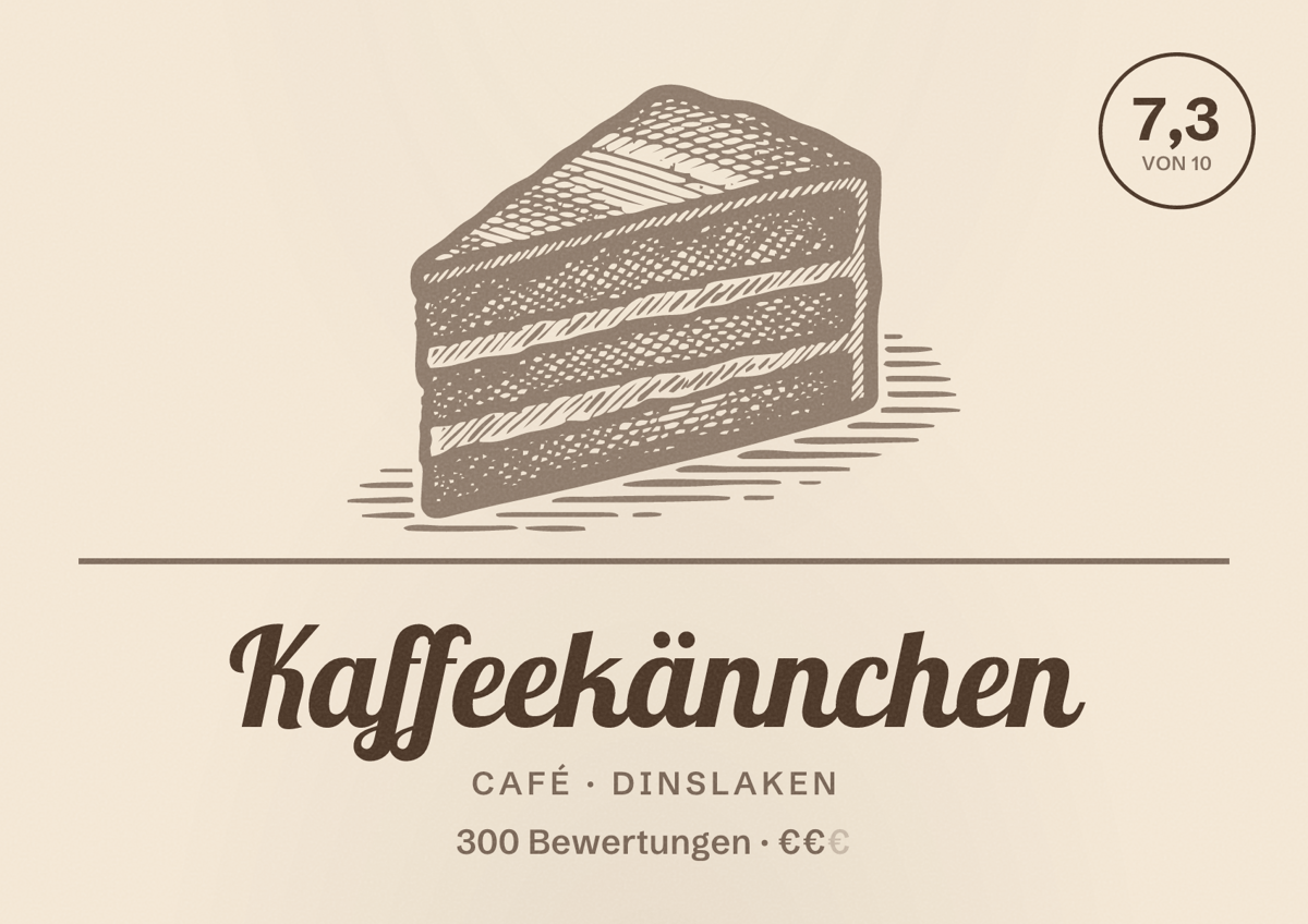 Illustriertes Poster von Kaffeekännchen, Café in Dinslaken: Bewertung 7,3 von 10 aus 300 Bewertungen, Preisniveau €€