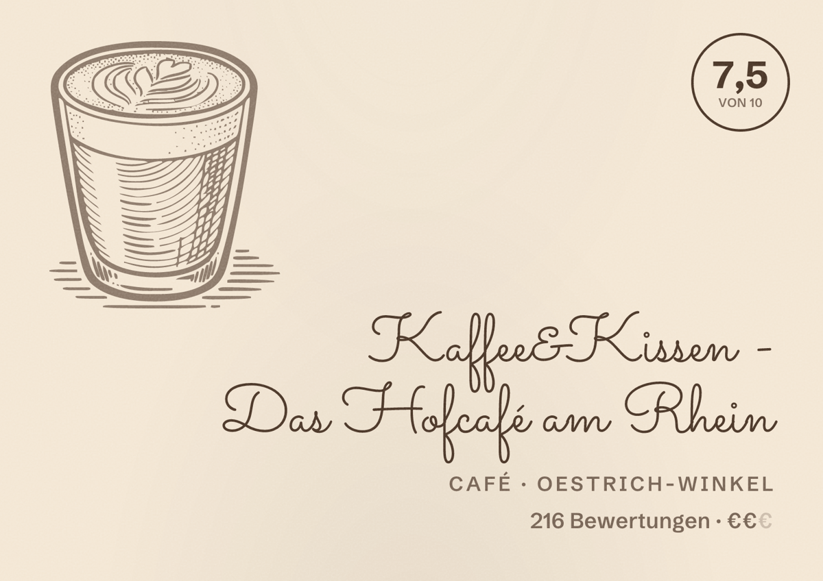 Illustriertes Poster von Kaffee&Kissen - Das Hofcafé am Rhein, Café in Oestrich-Winkel: Bewertung 7,5 von 10 aus 216 Bewertungen, Preisniveau €€