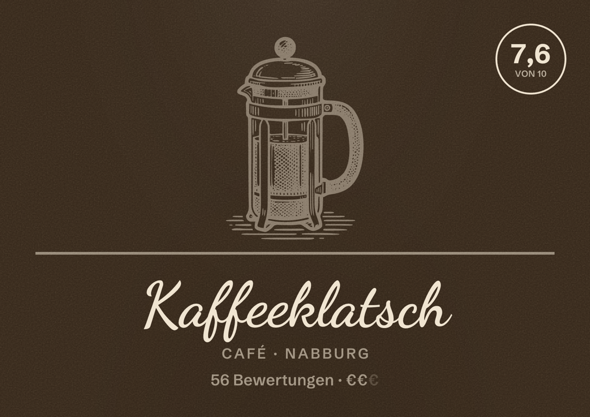 Illustriertes Poster von Kaffeeklatsch, Café in Nabburg: Bewertung 7,6 von 10 aus 56 Bewertungen, Preisniveau €€