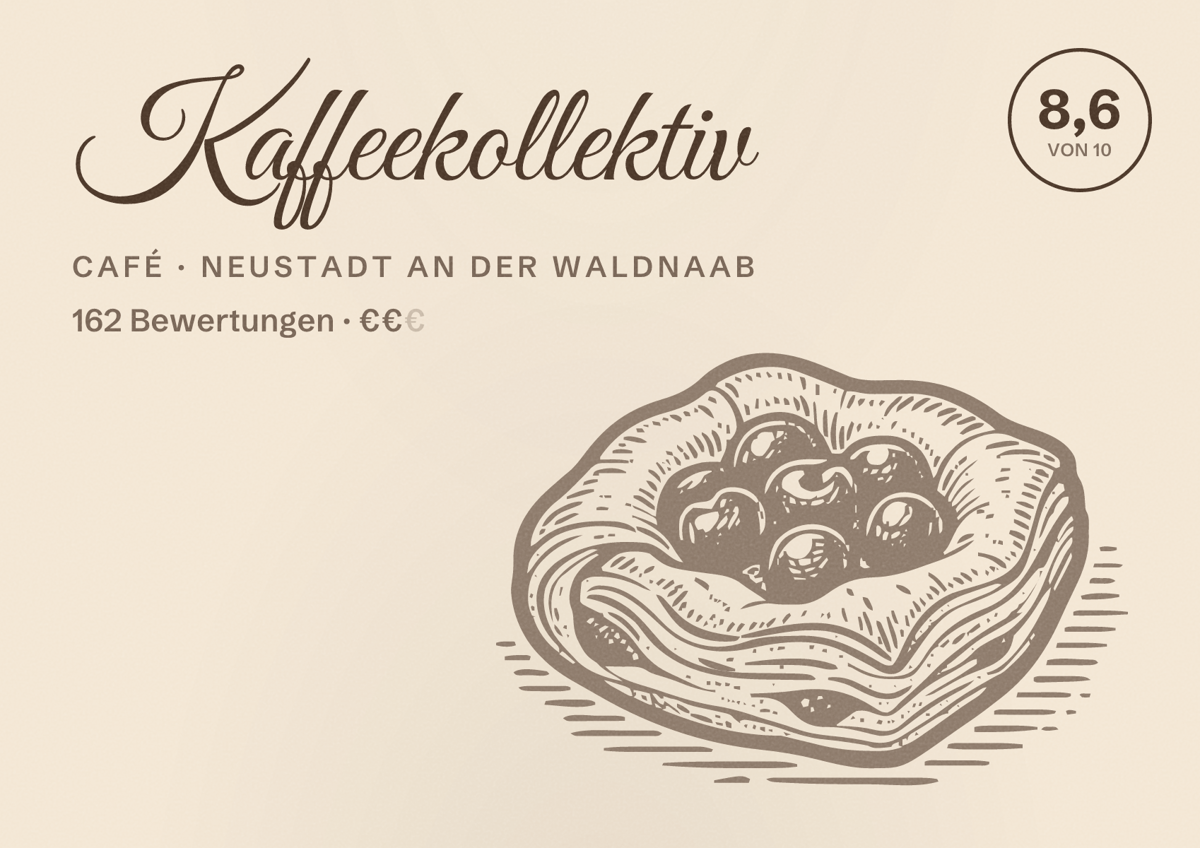 Illustriertes Poster von Kaffeekollektiv, Café in Neustadt an der Waldnaab: Bewertung 8,6 von 10 aus 162 Bewertungen, Preisniveau €€