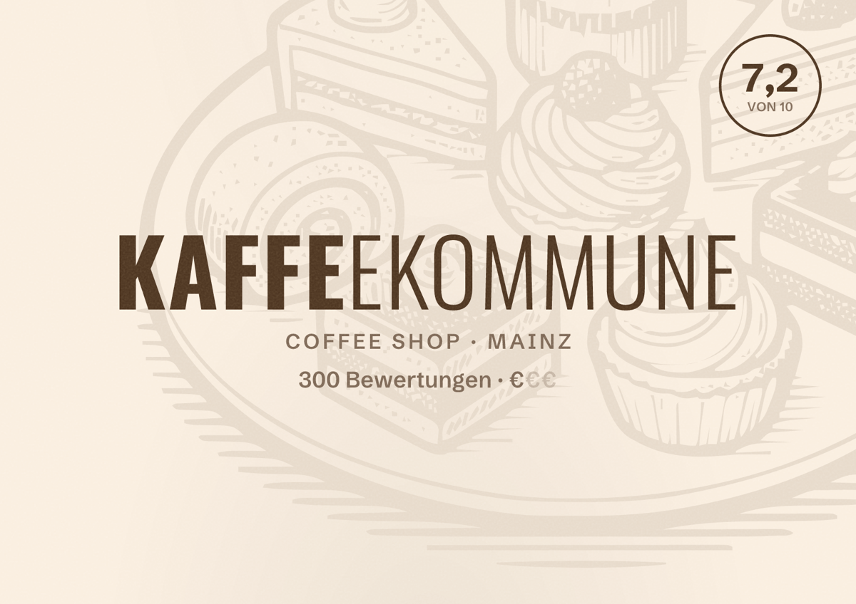 Illustriertes Poster von Kaffeekommune, Coffee Shop in Mainz: Bewertung 7,2 von 10 aus 300 Bewertungen, Preisniveau €