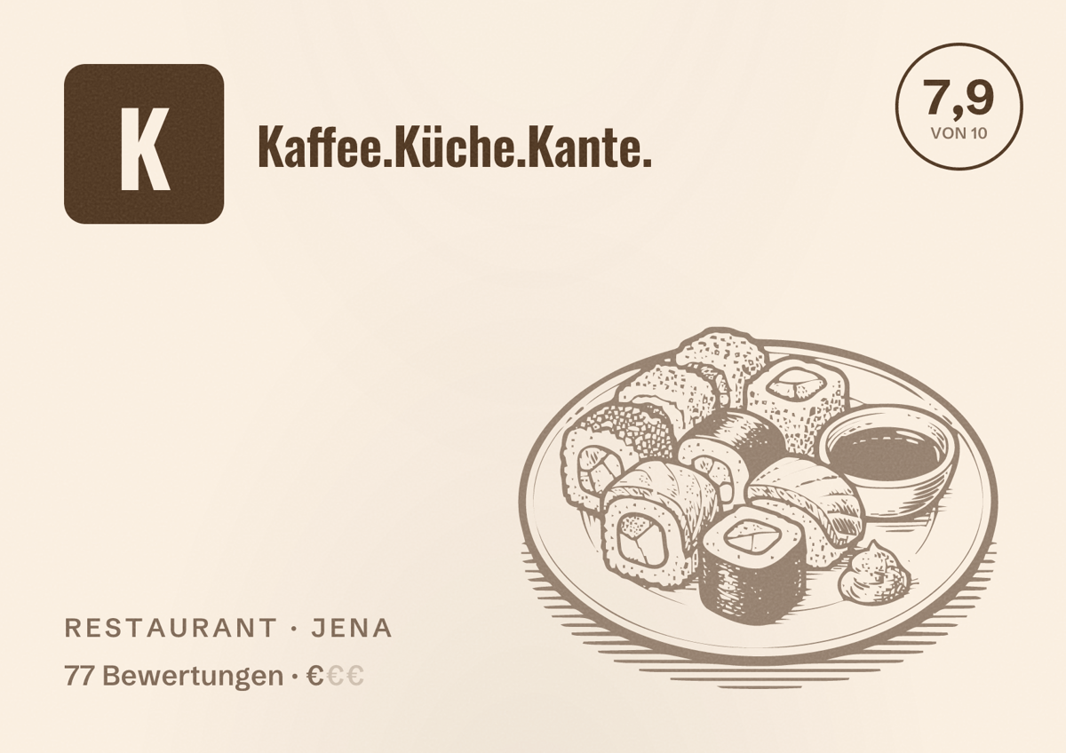 Illustriertes Poster von Kaffee.Küche.Kante., Restaurant in Jena: Bewertung 7,9 von 10 aus 77 Bewertungen, Preisniveau €