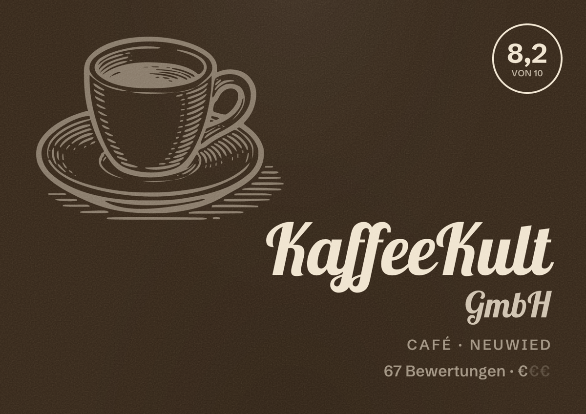 Illustriertes Poster von KaffeeKult GmbH, Café in Neuwied: Bewertung 8,2 von 10 aus 67 Bewertungen, Preisniveau €