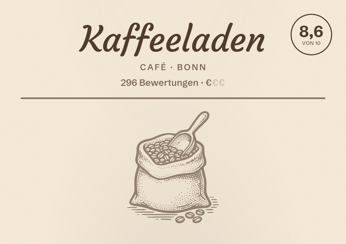 Illustriertes Poster von Kaffeeladen, Café in Bonn: Bewertung 8,6 von 10 aus 296 Bewertungen, Preisniveau €