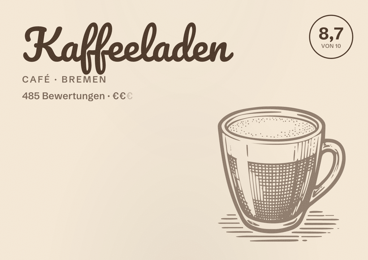 Illustriertes Poster von Kaffeeladen, Café in Bremen: Bewertung 8,7 von 10 aus 485 Bewertungen, Preisniveau €€