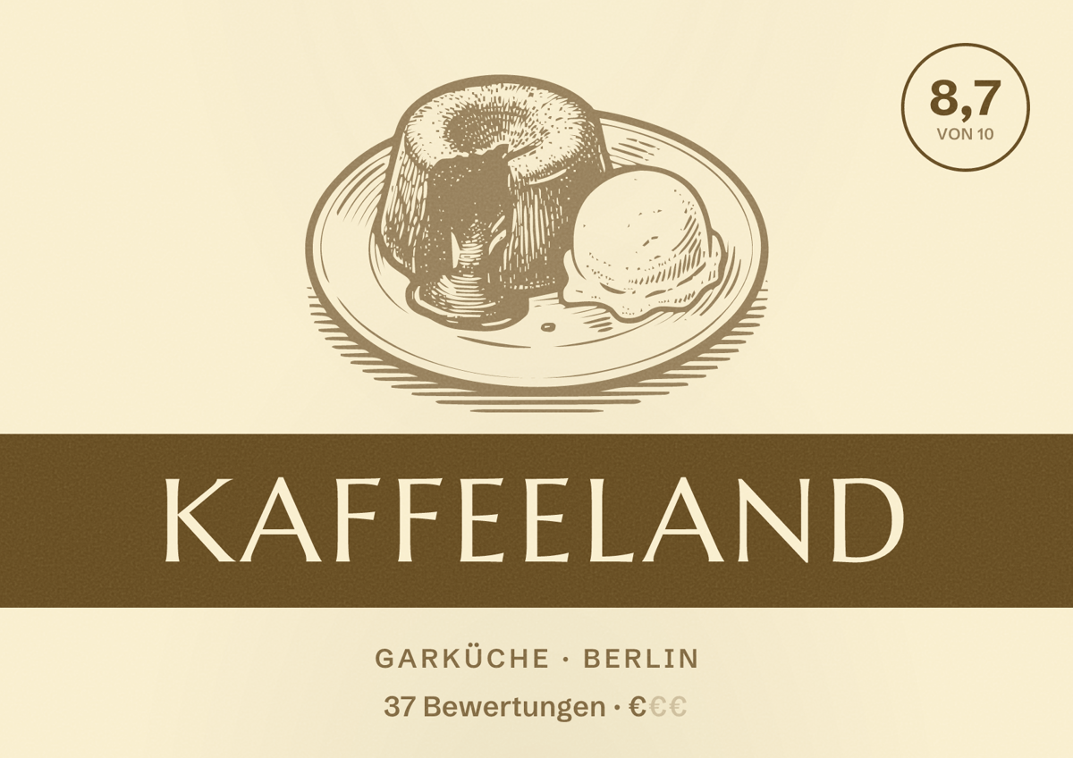 Illustriertes Poster von Kaffeeland, Garküche in Berlin: Bewertung 8,7 von 10 aus 37 Bewertungen, Preisniveau €