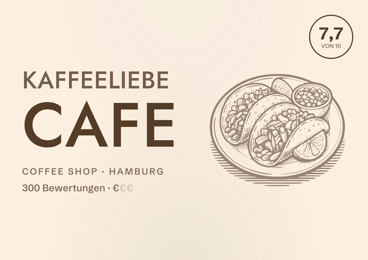 Illustriertes Poster von Kaffeeliebe Cafe, Coffee Shop in Hamburg: Bewertung 7,7 von 10 aus 300 Bewertungen, Preisniveau €