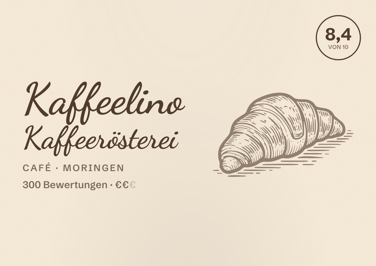 Illustriertes Poster von Kaffeelino Kaffeerösterei, Café in Moringen: Bewertung 8,4 von 10 aus 300 Bewertungen, Preisniveau €€