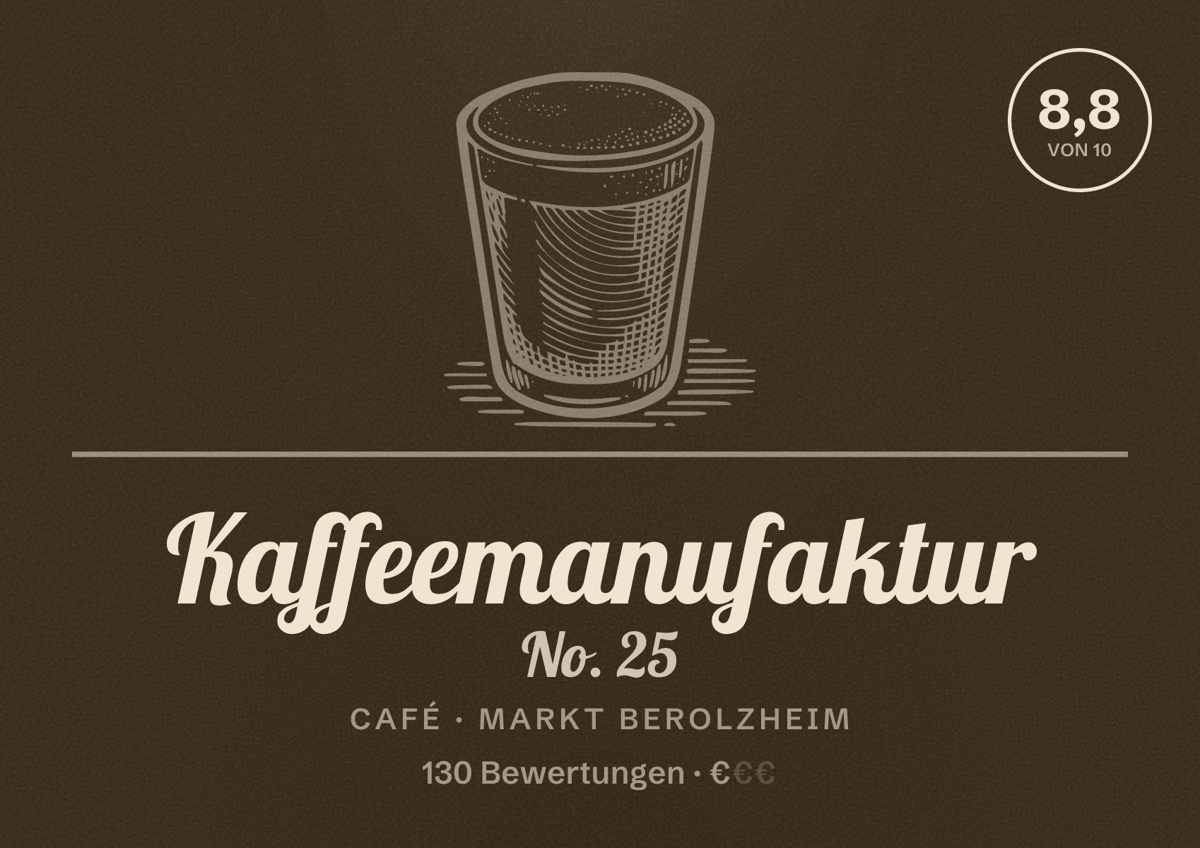 Illustriertes Poster von Kaffeemanufaktur No. 25, Café in Markt Berolzheim: Bewertung 8,8 von 10 aus 130 Bewertungen, Preisniveau €