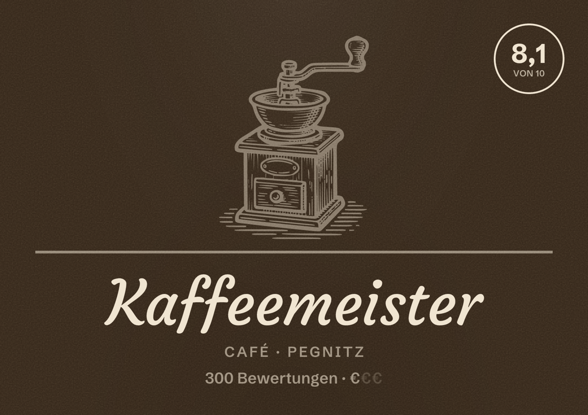 Illustriertes Poster von Kaffeemeister, Café in Pegnitz: Bewertung 8,1 von 10 aus 300 Bewertungen, Preisniveau €