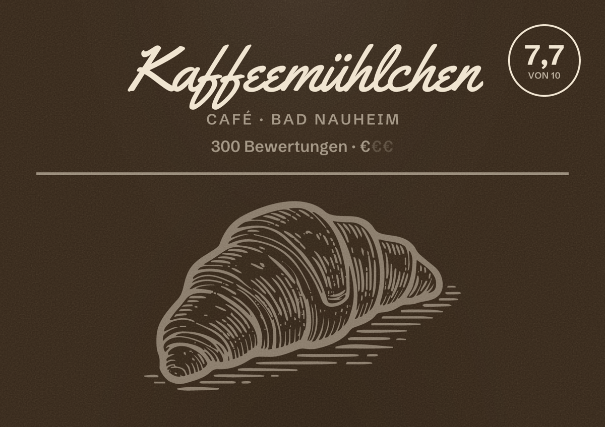 Illustriertes Poster von Kaffeemühlchen, Café in Bad Nauheim: Bewertung 7,7 von 10 aus 300 Bewertungen, Preisniveau €