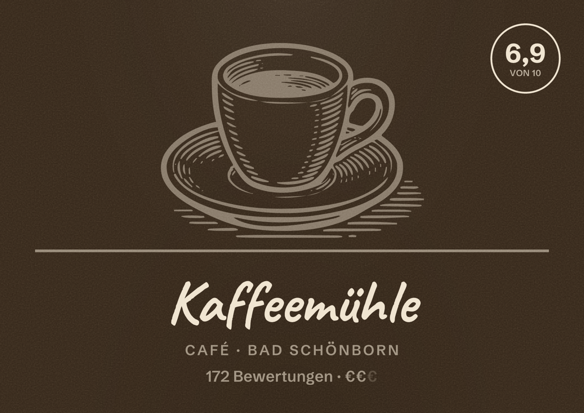Illustriertes Poster von Kaffeemühle, Café in Bad Schönborn: Bewertung 6,9 von 10 aus 172 Bewertungen, Preisniveau €€