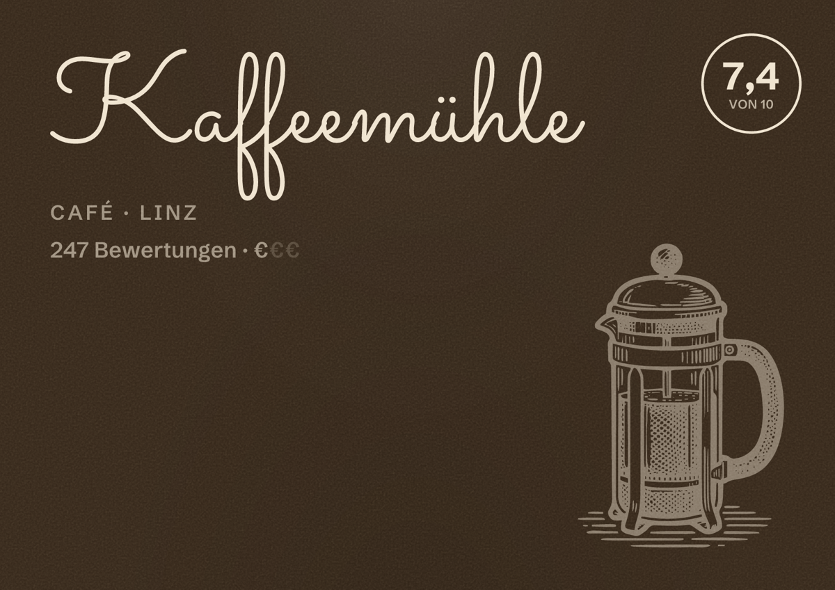 Illustriertes Poster von Kaffeemühle, Café in Linz: Bewertung 7,4 von 10 aus 247 Bewertungen, Preisniveau €