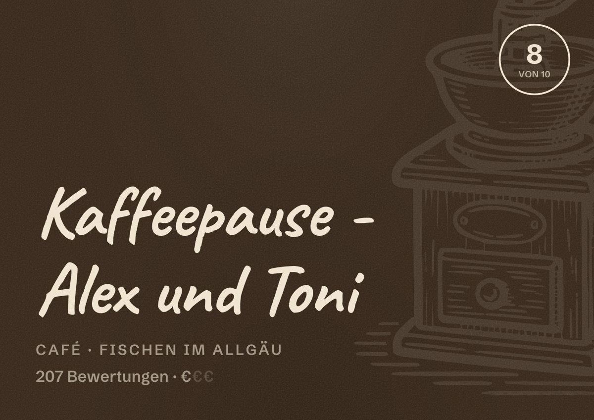 Illustriertes Poster von Kaffeepause - Alex und Toni, Café in Fischen im Allgäu: Bewertung 8 von 10 aus 207 Bewertungen, Preisniveau €