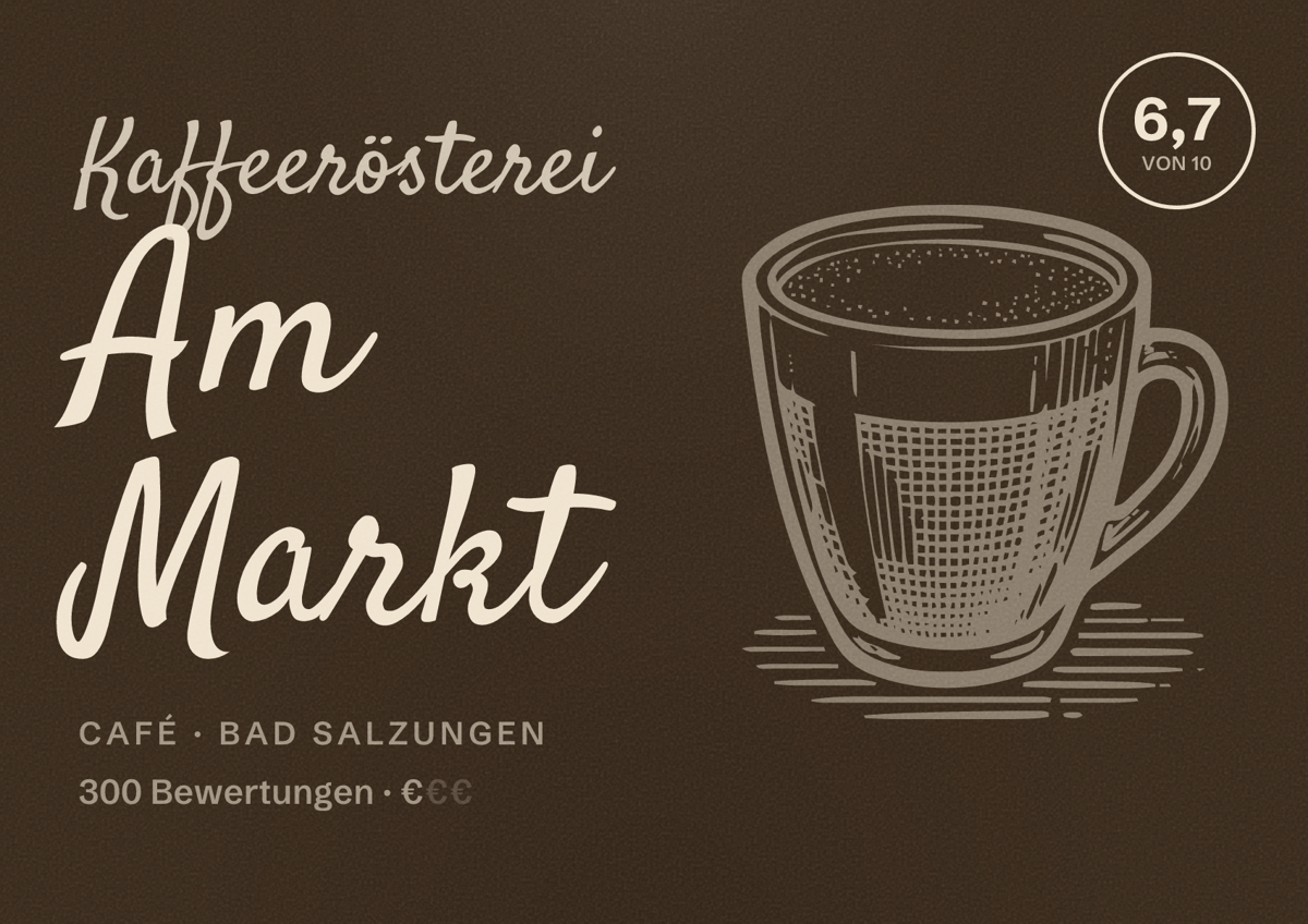 Illustriertes Poster von Kaffeerösterei Am Markt, Café in Bad Salzungen: Bewertung 6,7 von 10 aus 300 Bewertungen, Preisniveau €