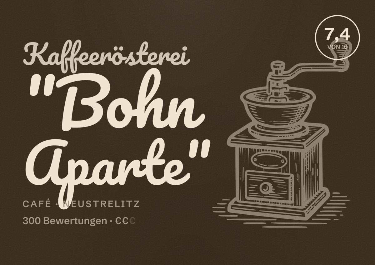 Illustriertes Poster von Kaffeerösterei "Bohn Aparte", Café in Neustrelitz: Bewertung 7,4 von 10 aus 300 Bewertungen, Preisniveau €€