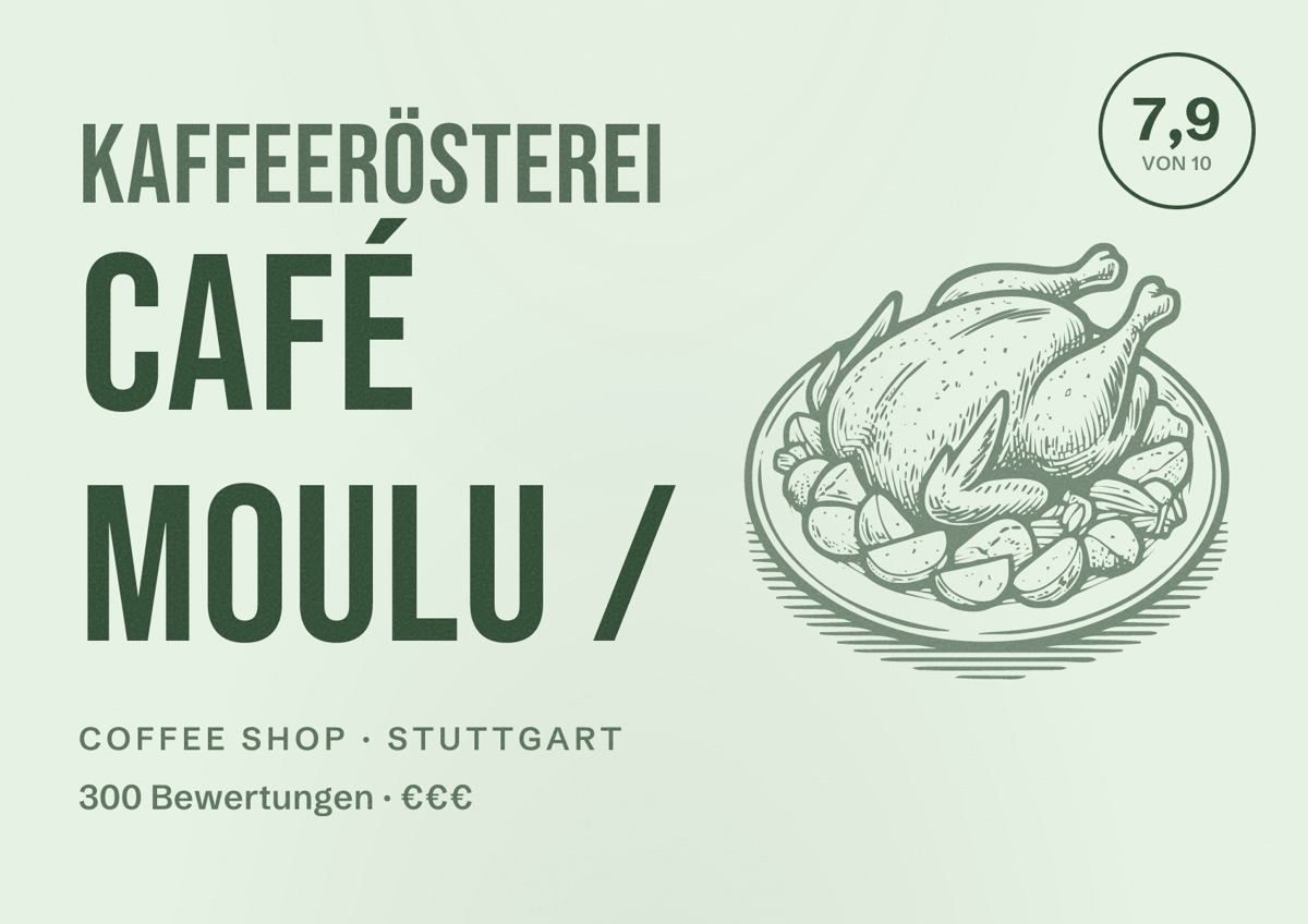 Illustriertes Poster von Kaffeerösterei Café Moulu /, Coffee Shop in Stuttgart: Bewertung 7,9 von 10 aus 300 Bewertungen, Preisniveau €€€
