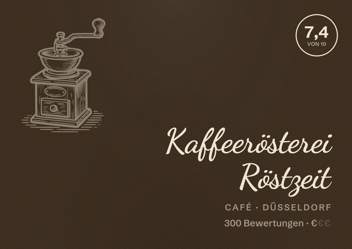Illustriertes Poster von Kaffeerösterei Röstzeit, Café in Düsseldorf: Bewertung 7,4 von 10 aus 300 Bewertungen, Preisniveau €