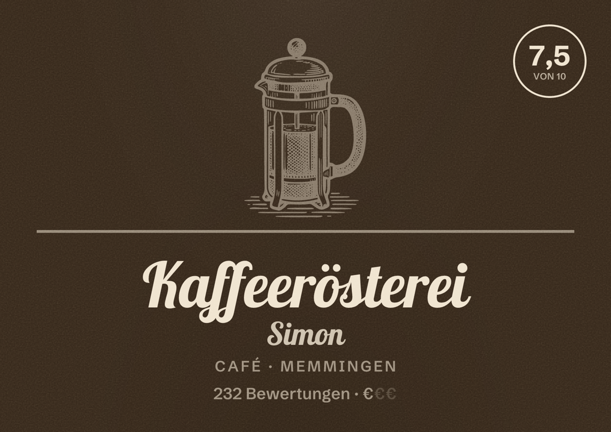 Illustriertes Poster von Kaffeerösterei Simon, Café in Memmingen: Bewertung 7,5 von 10 aus 232 Bewertungen, Preisniveau €