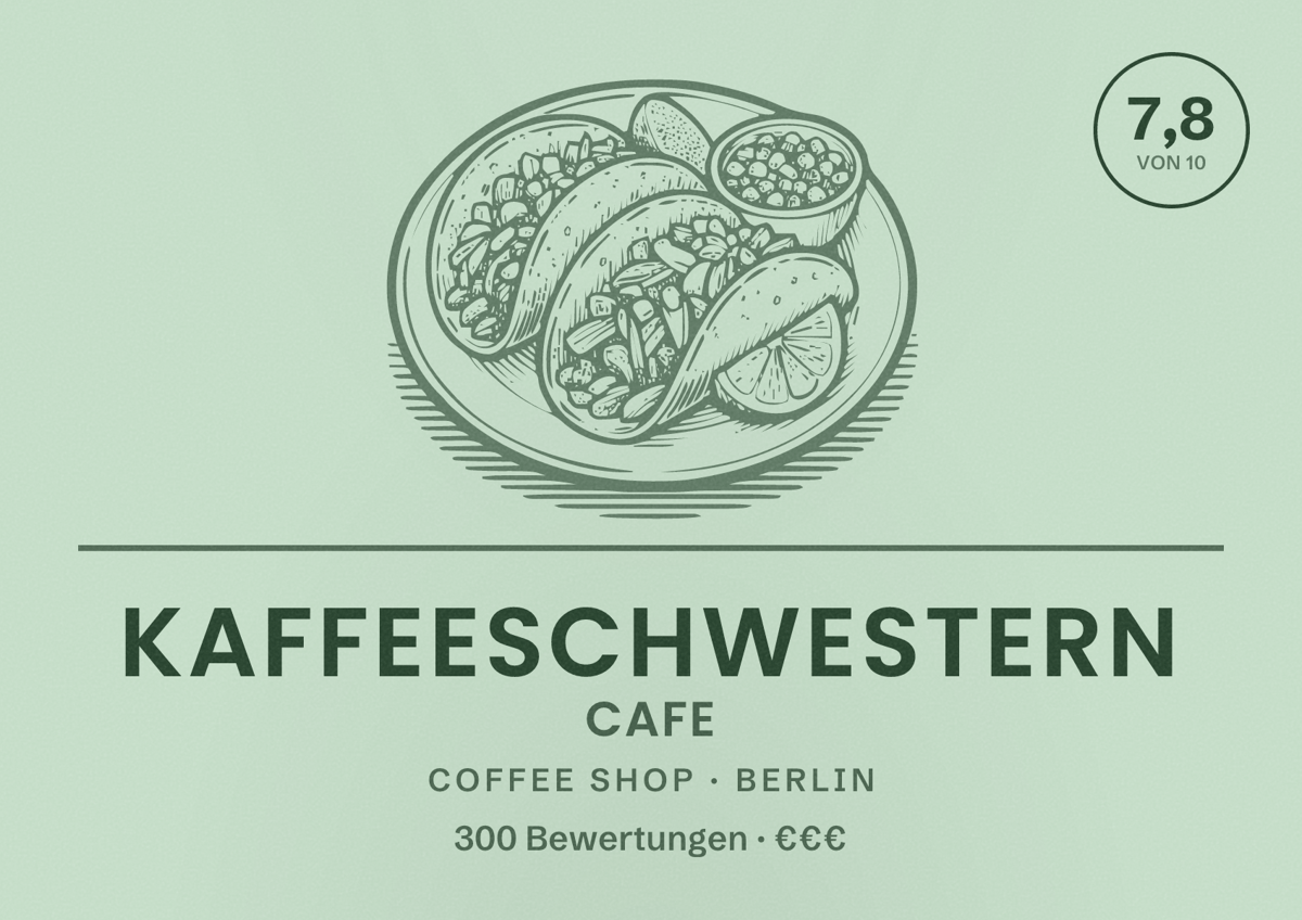 Illustriertes Poster von Kaffeeschwestern Cafe, Coffee Shop in Berlin: Bewertung 7,8 von 10 aus 300 Bewertungen, Preisniveau €€€