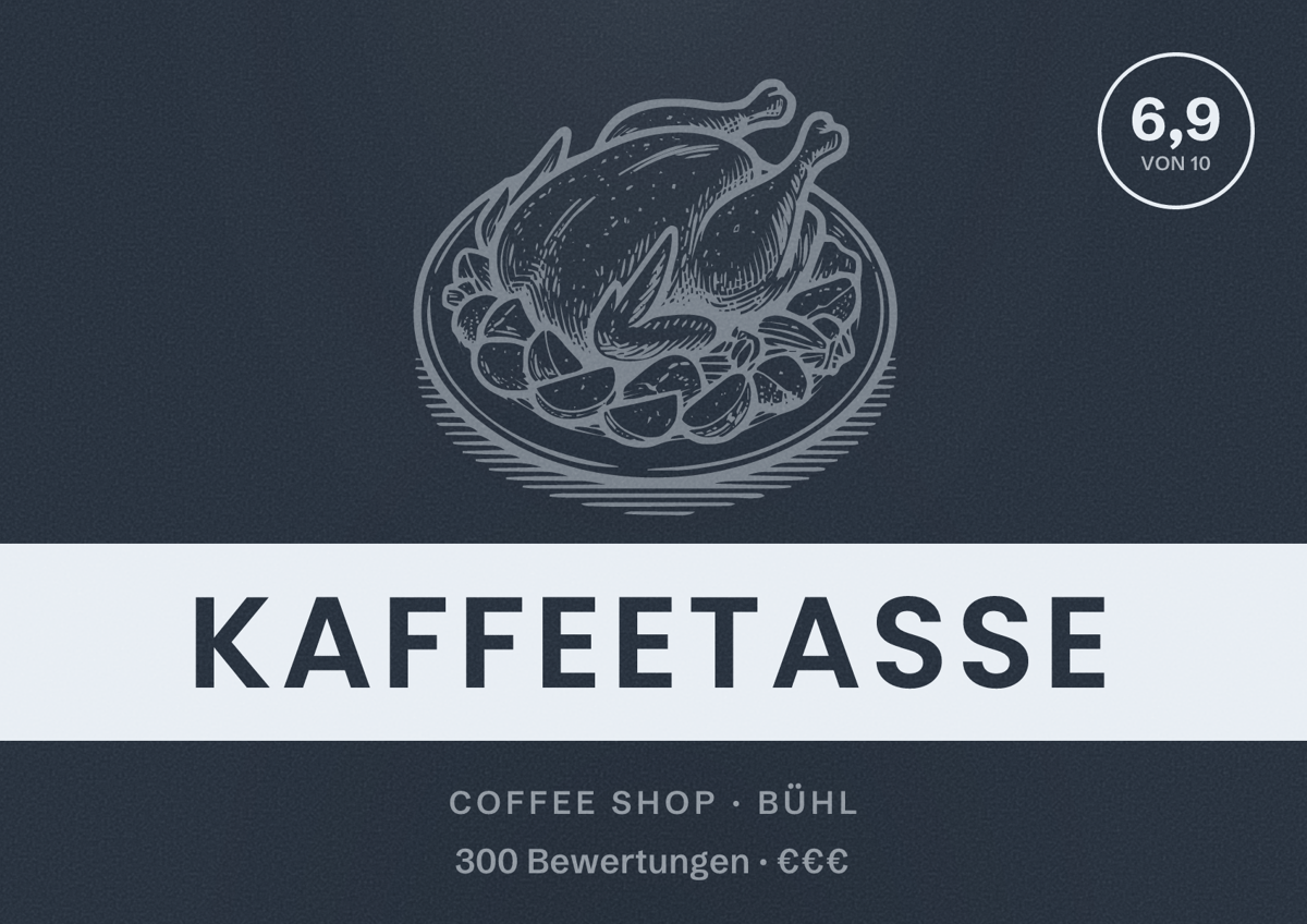 Illustriertes Poster von Kaffeetasse, Coffee Shop in Bühl: Bewertung 6,9 von 10 aus 300 Bewertungen, Preisniveau €€€