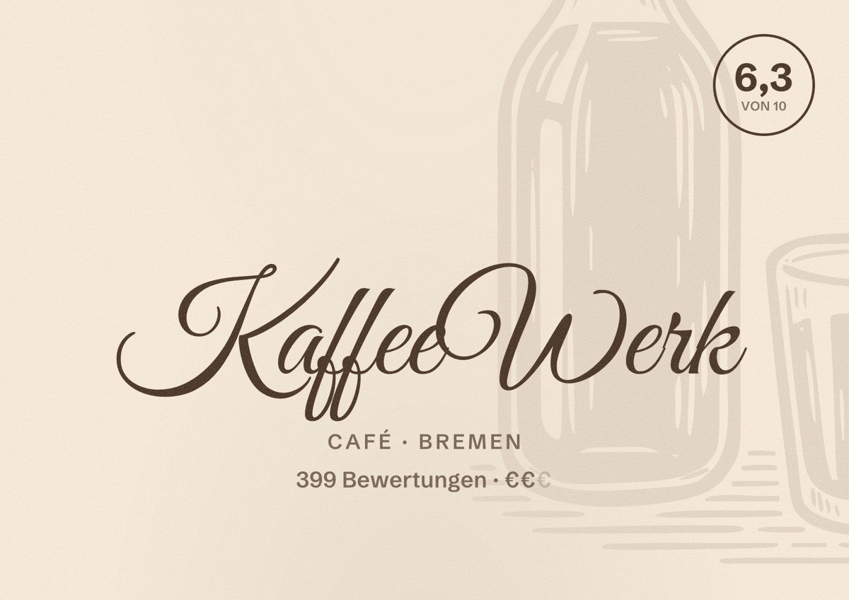 Illustriertes Poster von KaffeeWerk, Café in Bremen: Bewertung 6,3 von 10 aus 399 Bewertungen, Preisniveau €€