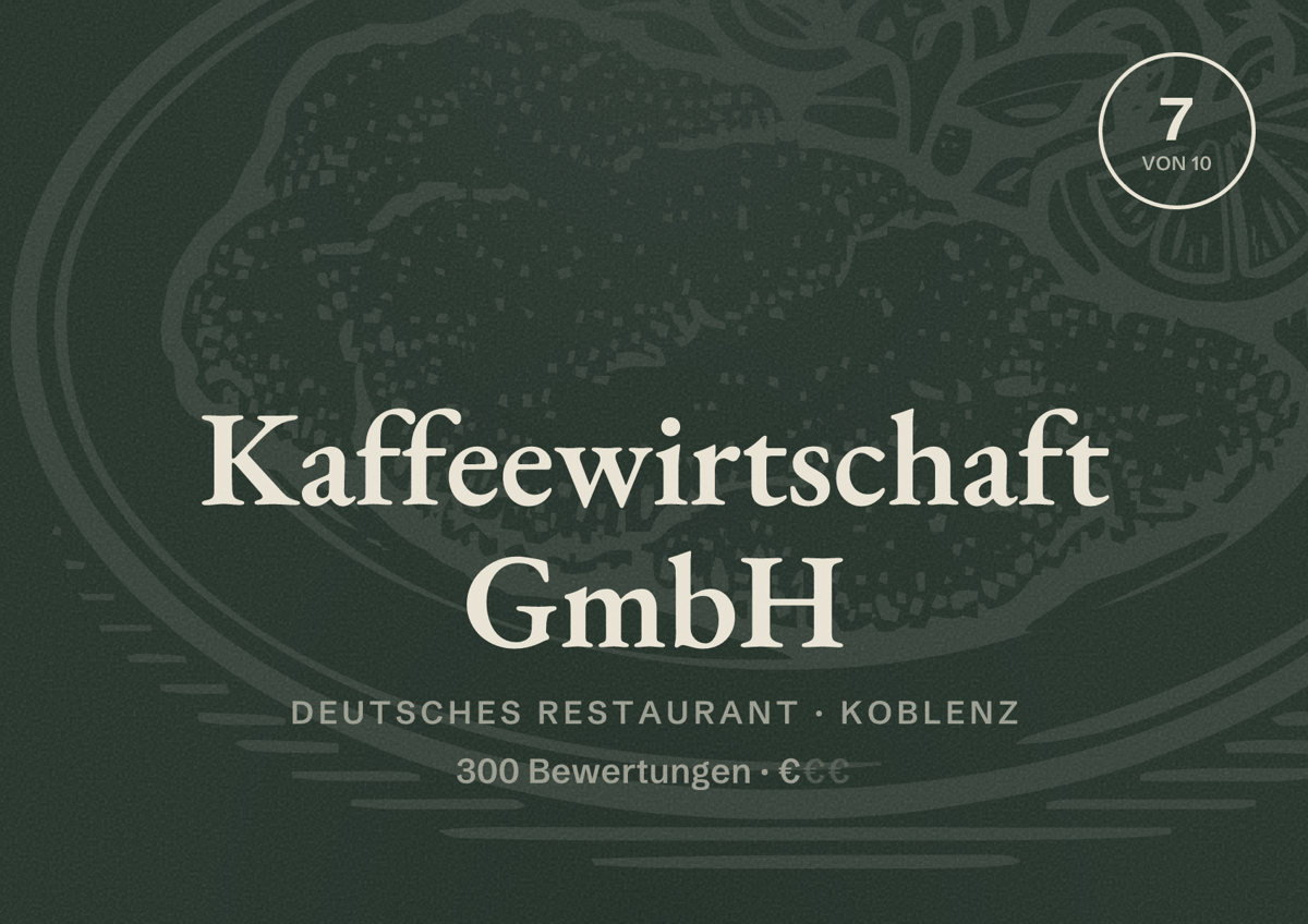 Illustriertes Poster von Kaffeewirtschaft GmbH, Deutsches Restaurant in Koblenz: Bewertung 7 von 10 aus 300 Bewertungen, Preisniveau €