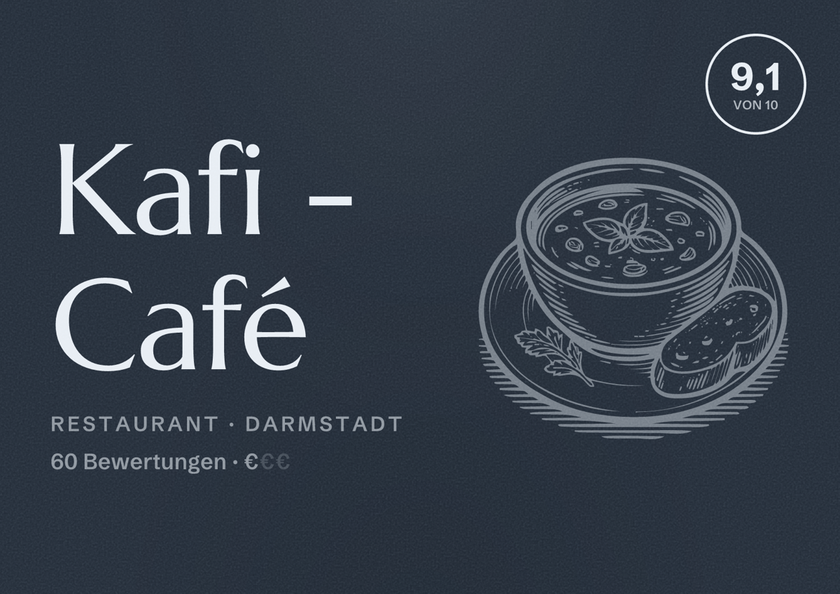 Illustriertes Poster von Kafi - Café, Restaurant in Darmstadt: Bewertung 9,1 von 10 aus 60 Bewertungen, Preisniveau €