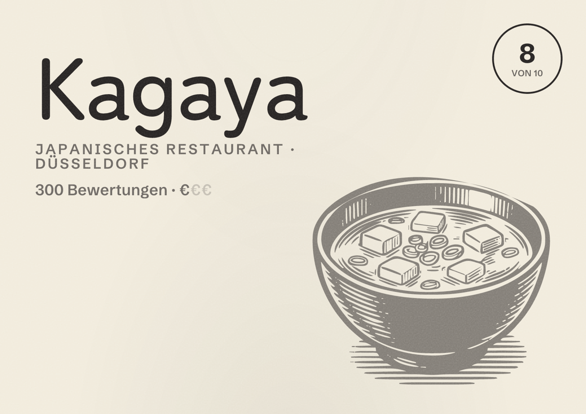 Illustriertes Poster von Kagaya, Japanisches Restaurant in Düsseldorf: Bewertung 8,0 von 10 aus 300 Bewertungen, Preisniveau €