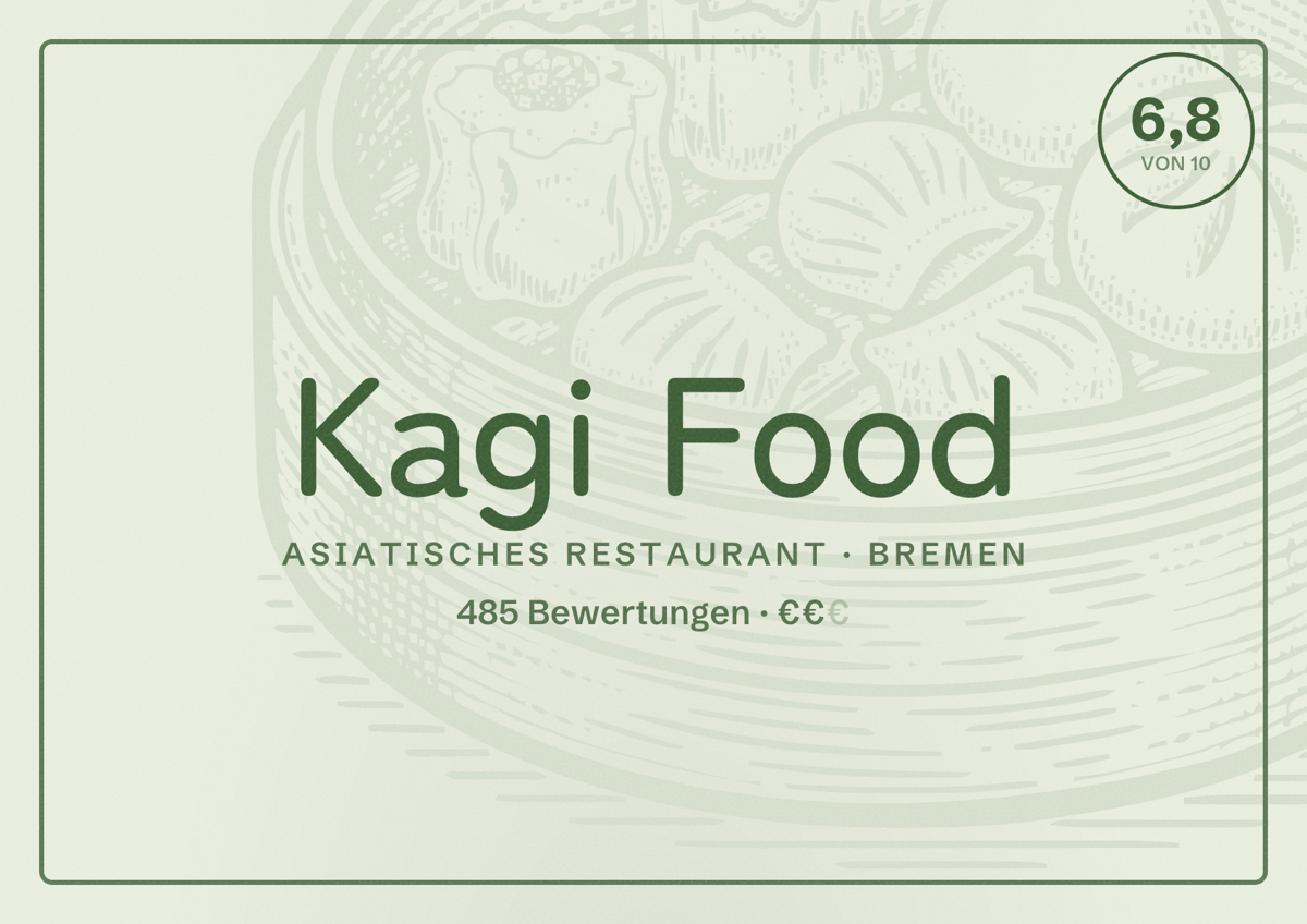 Illustriertes Poster von Kagi Food, Asiatisches Restaurant in Bremen: Bewertung 6,8 von 10 aus 485 Bewertungen, Preisniveau €€