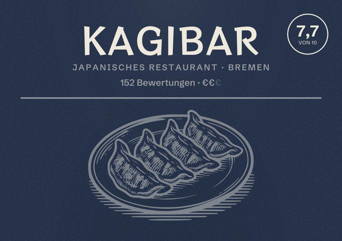Illustriertes Poster von KAGIbar, Japanisches Restaurant in Bremen: Bewertung 7,7 von 10 aus 152 Bewertungen, Preisniveau €€