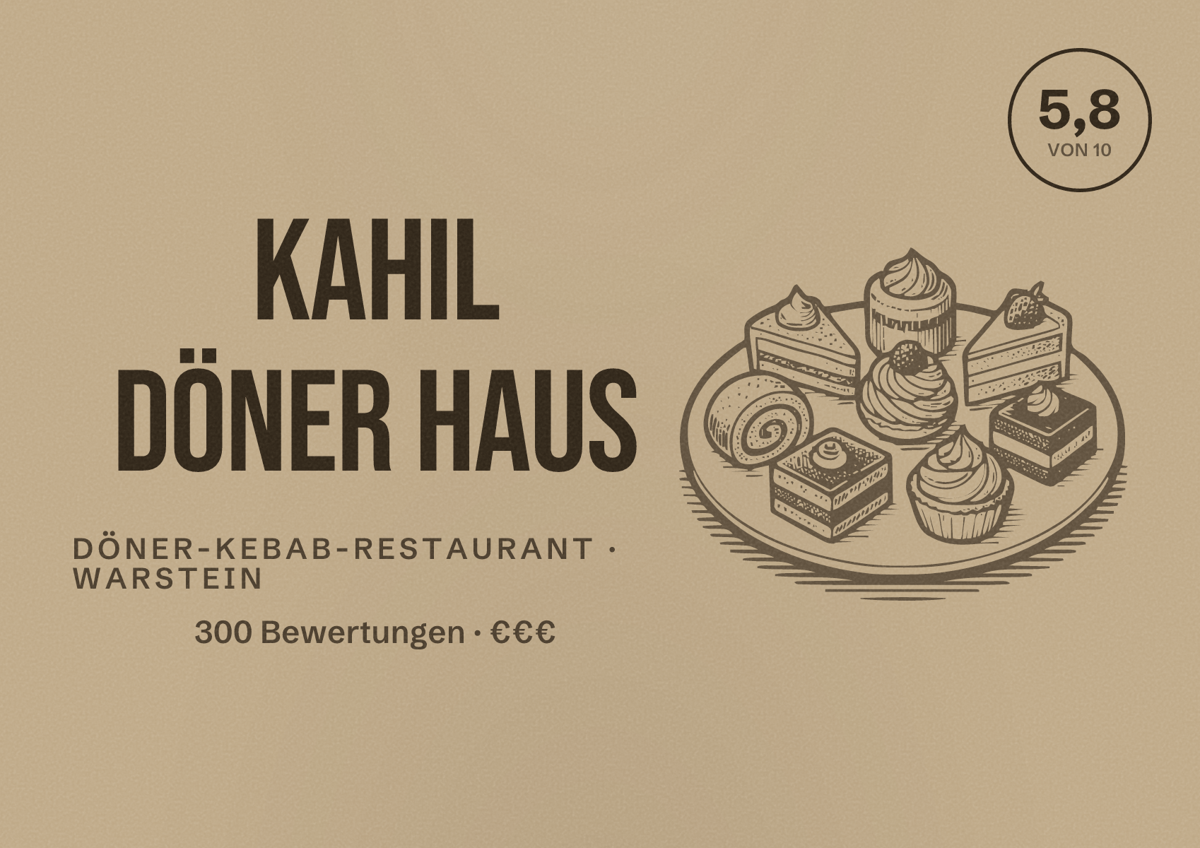 Illustriertes Poster von Kahil Döner Haus, Döner-Kebab-Restaurant in Warstein: Bewertung 5,8 von 10 aus 300 Bewertungen, Preisniveau €€€