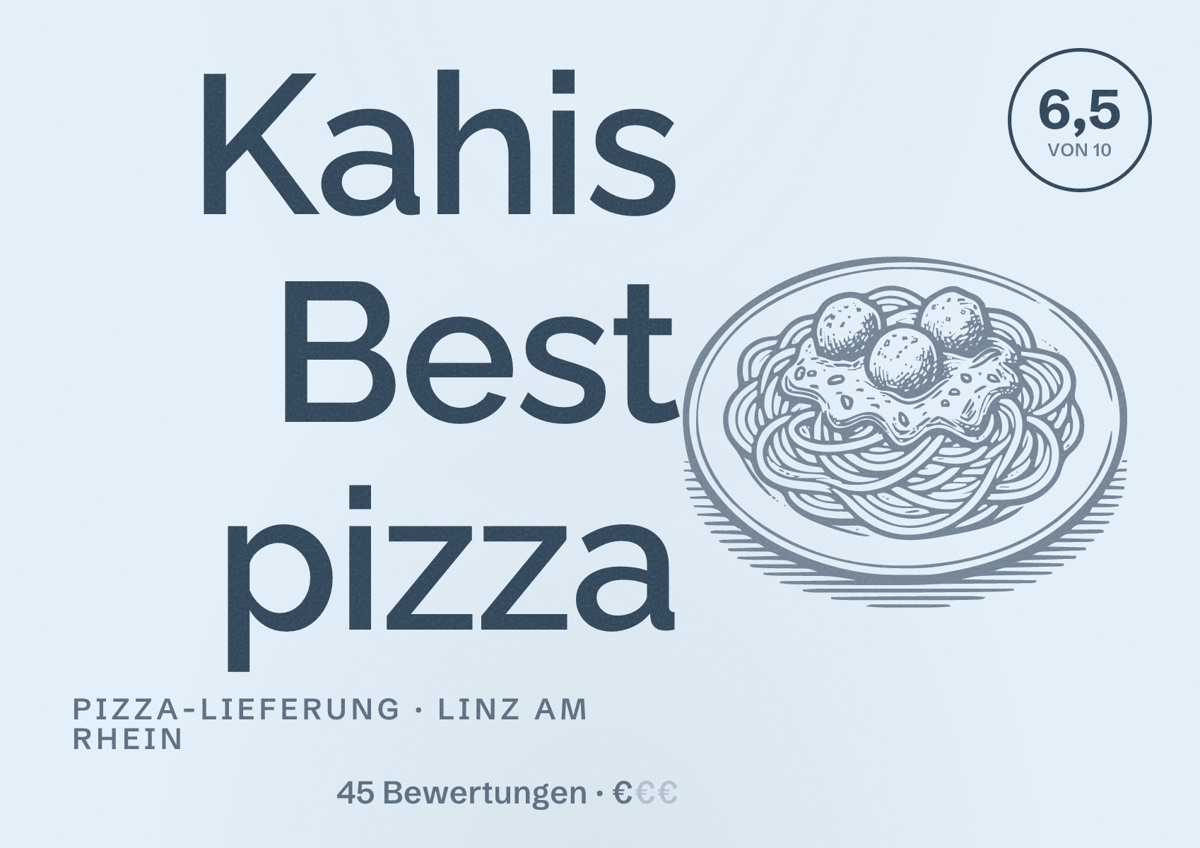 Illustriertes Poster von Kahis Best pizza, Pizza-Lieferung in Linz am Rhein: Bewertung 6,5 von 10 aus 45 Bewertungen, Preisniveau €