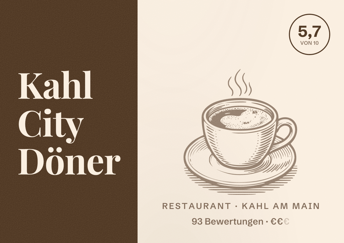 Illustriertes Poster von Kahl City Döner, Restaurant in Kahl am Main: Bewertung 5,7 von 10 aus 93 Bewertungen, Preisniveau €€