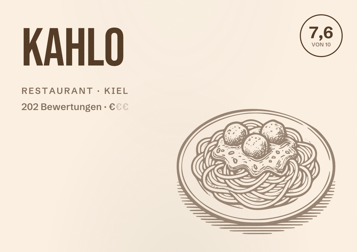 Illustriertes Poster von Kahlo, Restaurant in Kiel: Bewertung 7,6 von 10 aus 202 Bewertungen, Preisniveau €