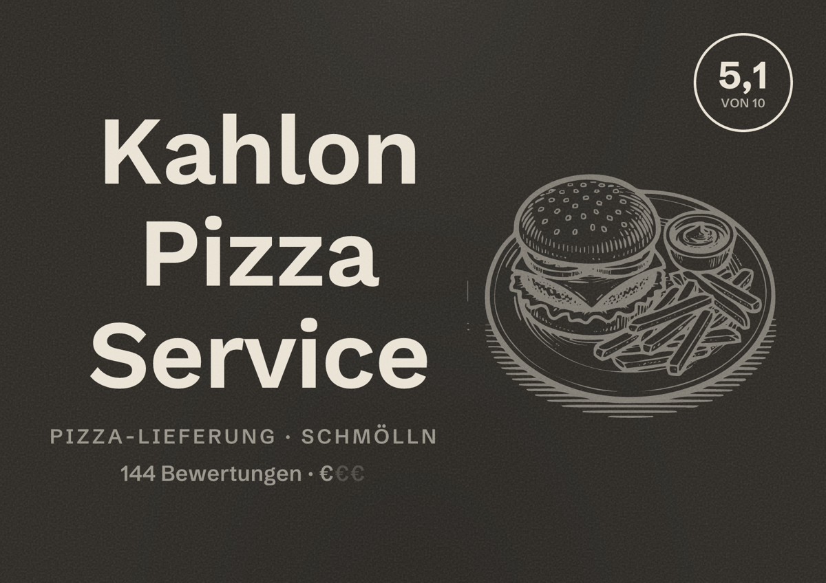 Illustriertes Poster von Kahlon Pizza Service, Pizza-Lieferung in Schmölln: Bewertung 5,1 von 10 aus 144 Bewertungen, Preisniveau €