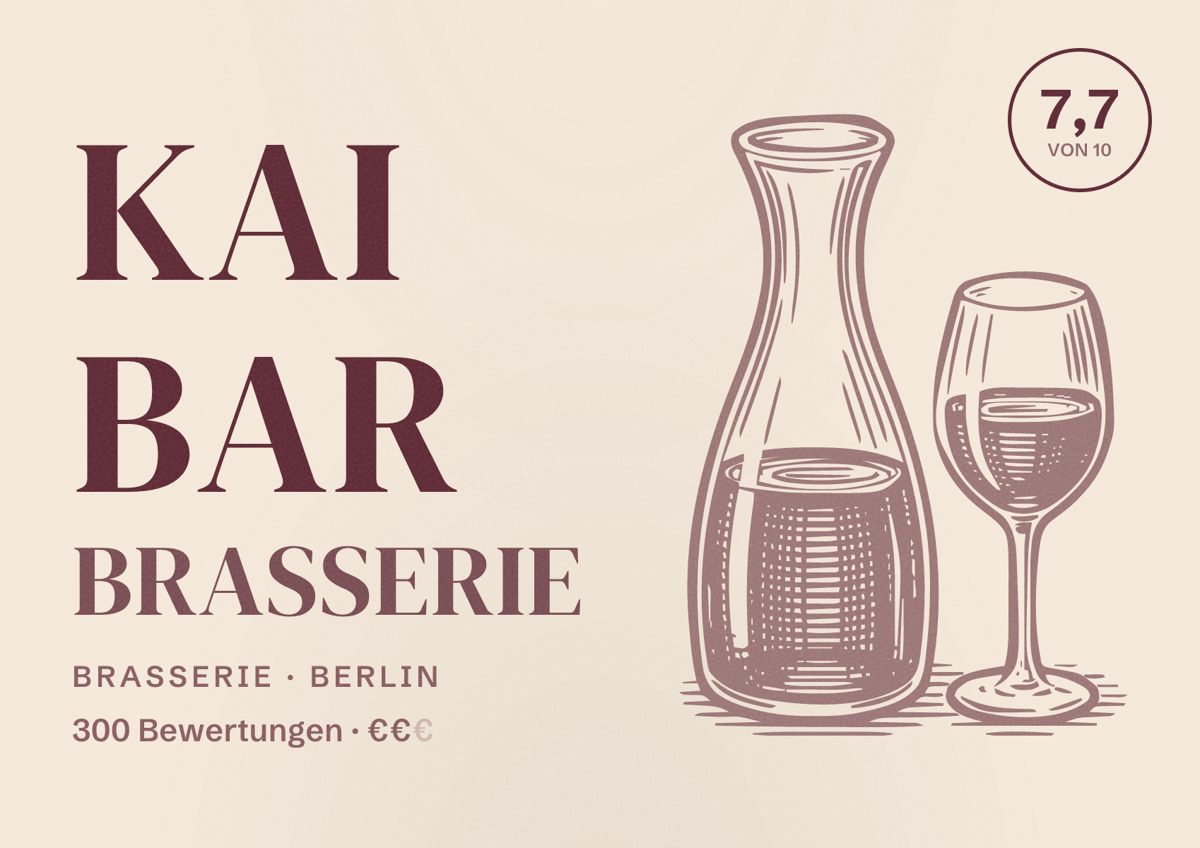 Illustriertes Poster von KAI BAR BRASSERIE, Brasserie in Berlin: Bewertung 7,7 von 10 aus 300 Bewertungen, Preisniveau €€