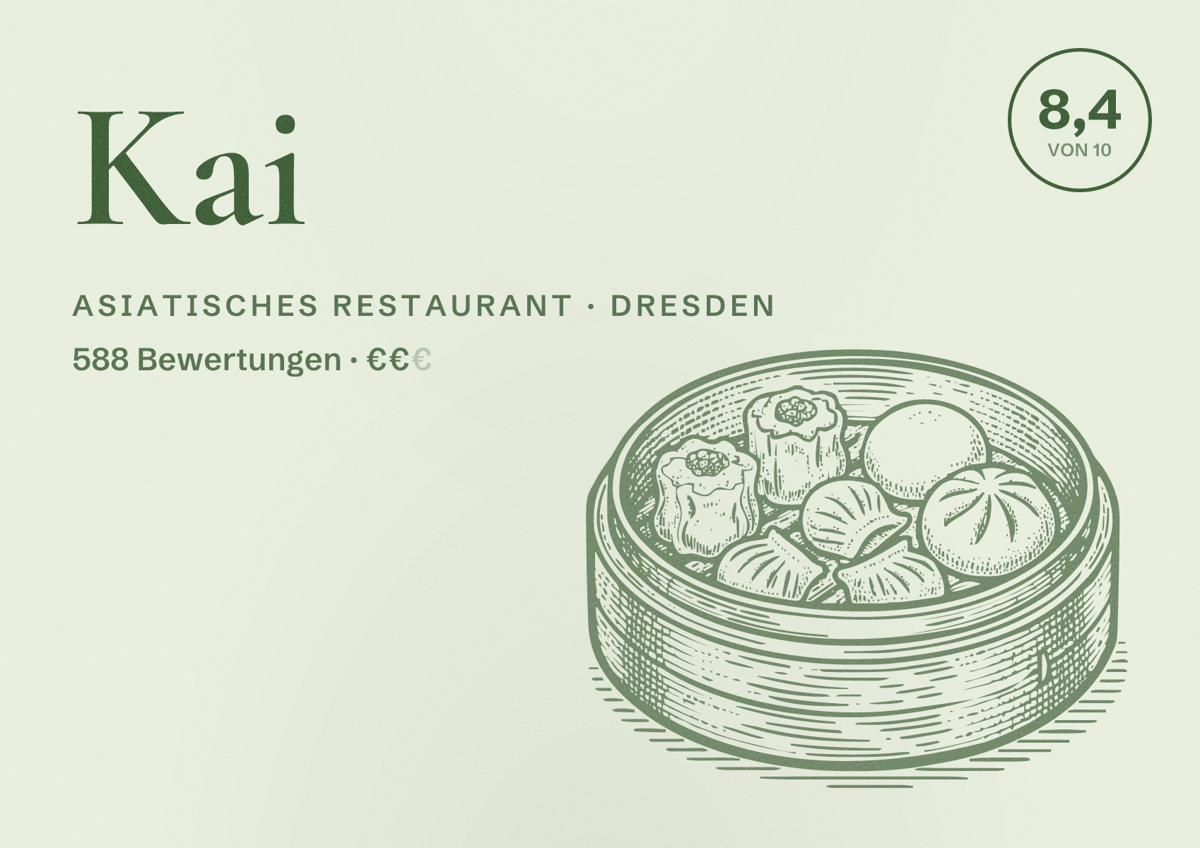 Illustriertes Poster von Kai, Asiatisches Restaurant in Dresden: Bewertung 8,4 von 10 aus 588 Bewertungen, Preisniveau €€