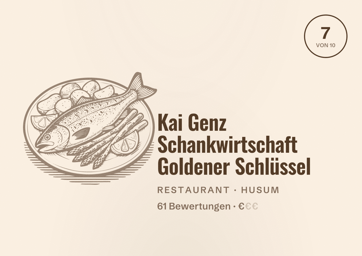 Illustriertes Poster von Kai Genz Schankwirtschaft Goldener Schlüssel, Restaurant in Husum: Bewertung 7 von 10 aus 61 Bewertungen, Preisniveau €