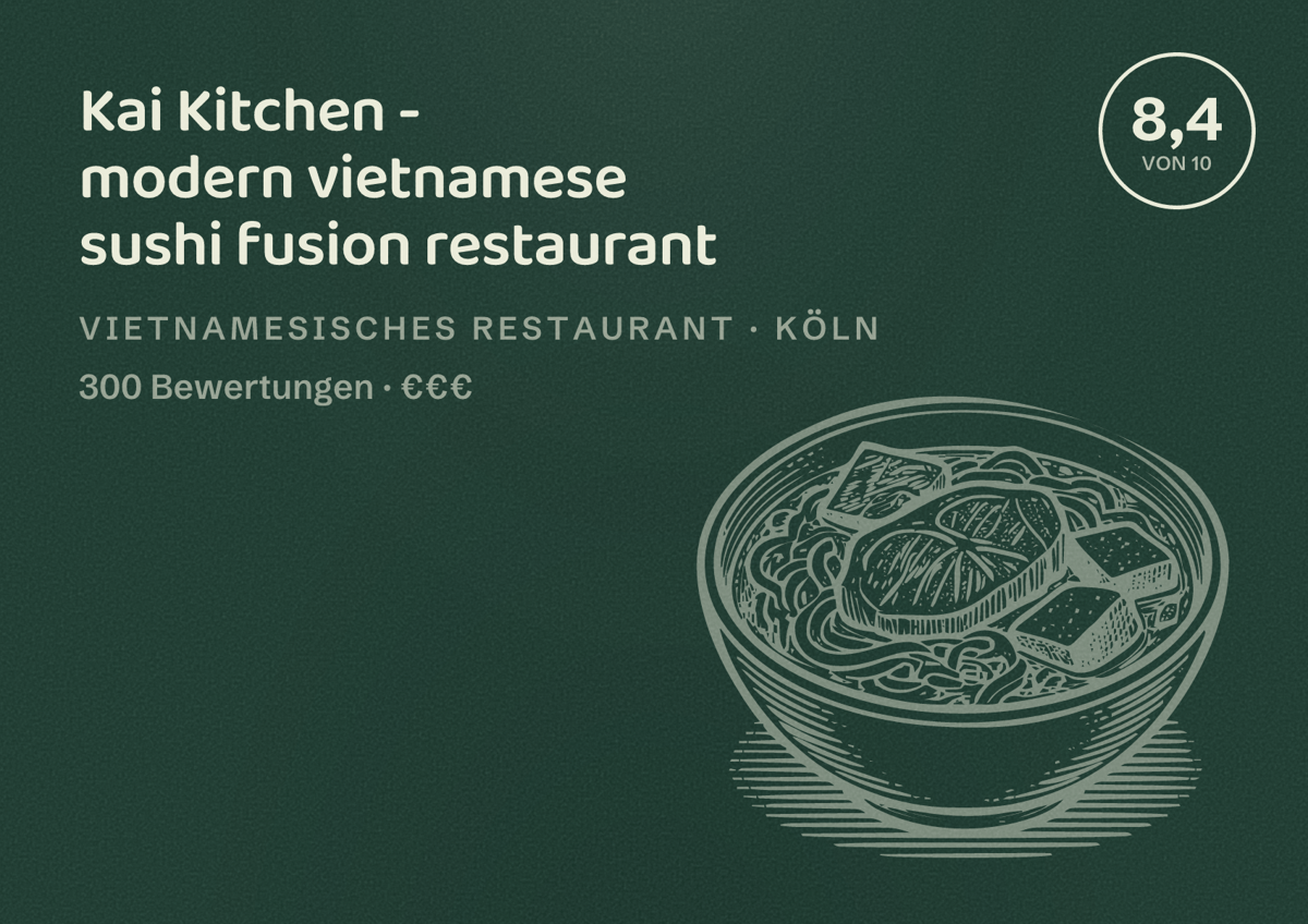 Illustriertes Poster von Kai Kitchen - modern vietnamese sushi fusion restaurant, Vietnamesisches Restaurant in Köln: Bewertung 8,4 von 10 aus 300 Bewertungen, Preisniveau €€€
