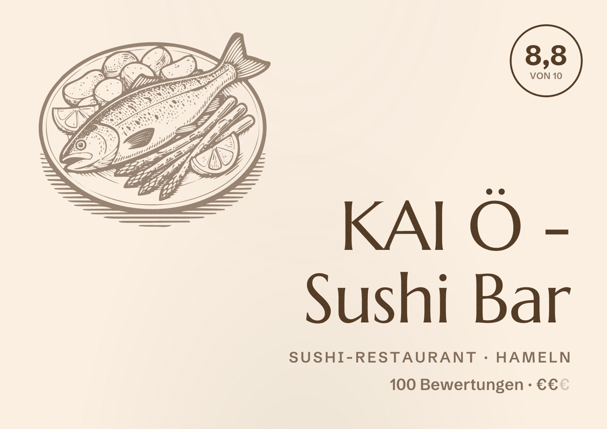 Illustriertes Poster von KAI Ö - Sushi Bar, Sushi-Restaurant in Hameln: Bewertung 8,8 von 10 aus 100 Bewertungen, Preisniveau €€