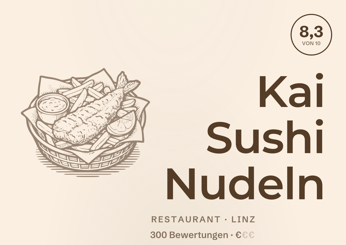 Illustriertes Poster von Kai Sushi Nudeln, Restaurant in Linz: Bewertung 8,3 von 10 aus 300 Bewertungen, Preisniveau €