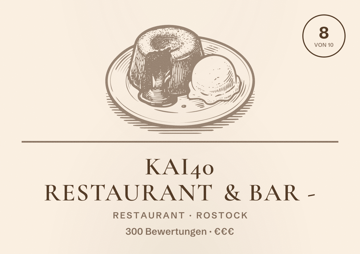Illustriertes Poster von KAI40 Restaurant & Bar -, Restaurant in Rostock: Bewertung 8 von 10 aus 300 Bewertungen, Preisniveau €€€