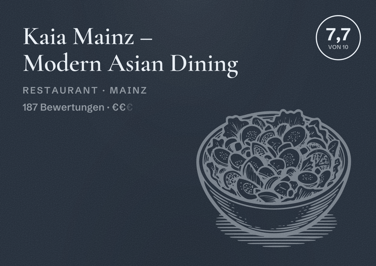 Illustriertes Poster von Kaia Mainz – Modern Asian Dining, Restaurant in Mainz: Bewertung 7,7 von 10 aus 187 Bewertungen, Preisniveau €€